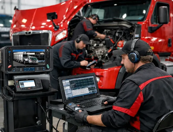 Técnico da Wap Automotivo utilizando equipamento de diagnóstico eletrônico de alta precisão conectado a um veículo para identificar falhas.