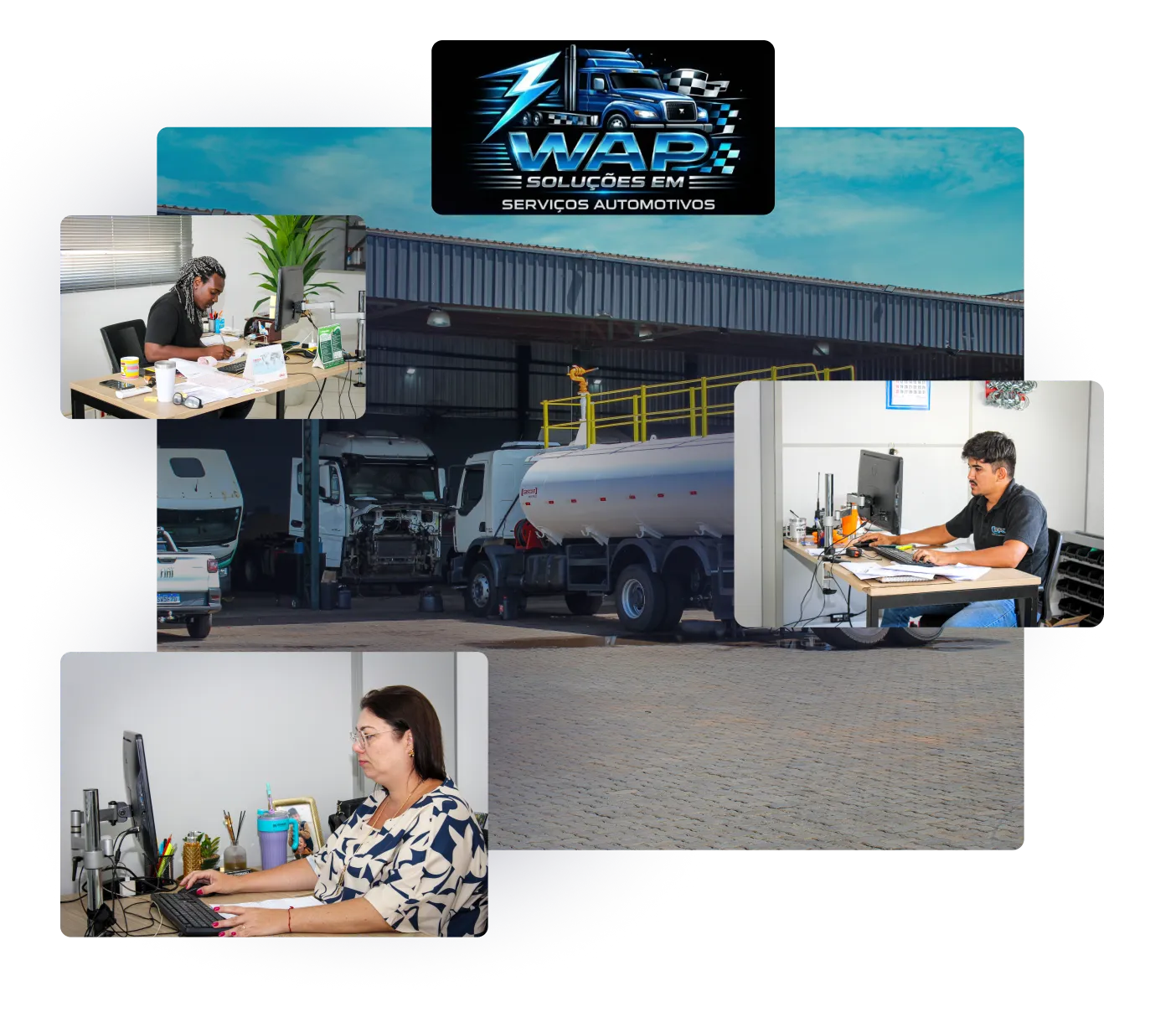 Fachada da oficina Wap Automotivo em Ribeirão Preto, SP, com caminhões estacionados, indicando a localização e os serviços disponíveis.