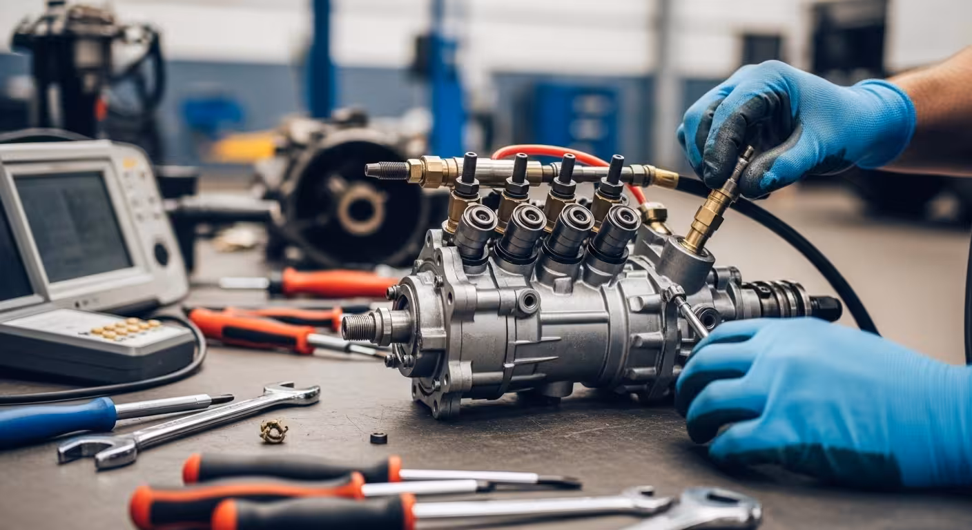 Bomba injetora diesel sendo reparada em bancada de teste especializada, com ferramentas de alta precisão na Wap Automotivo.